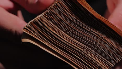macro scene shows thick wad of euro cash flipped by fingers in focused detail