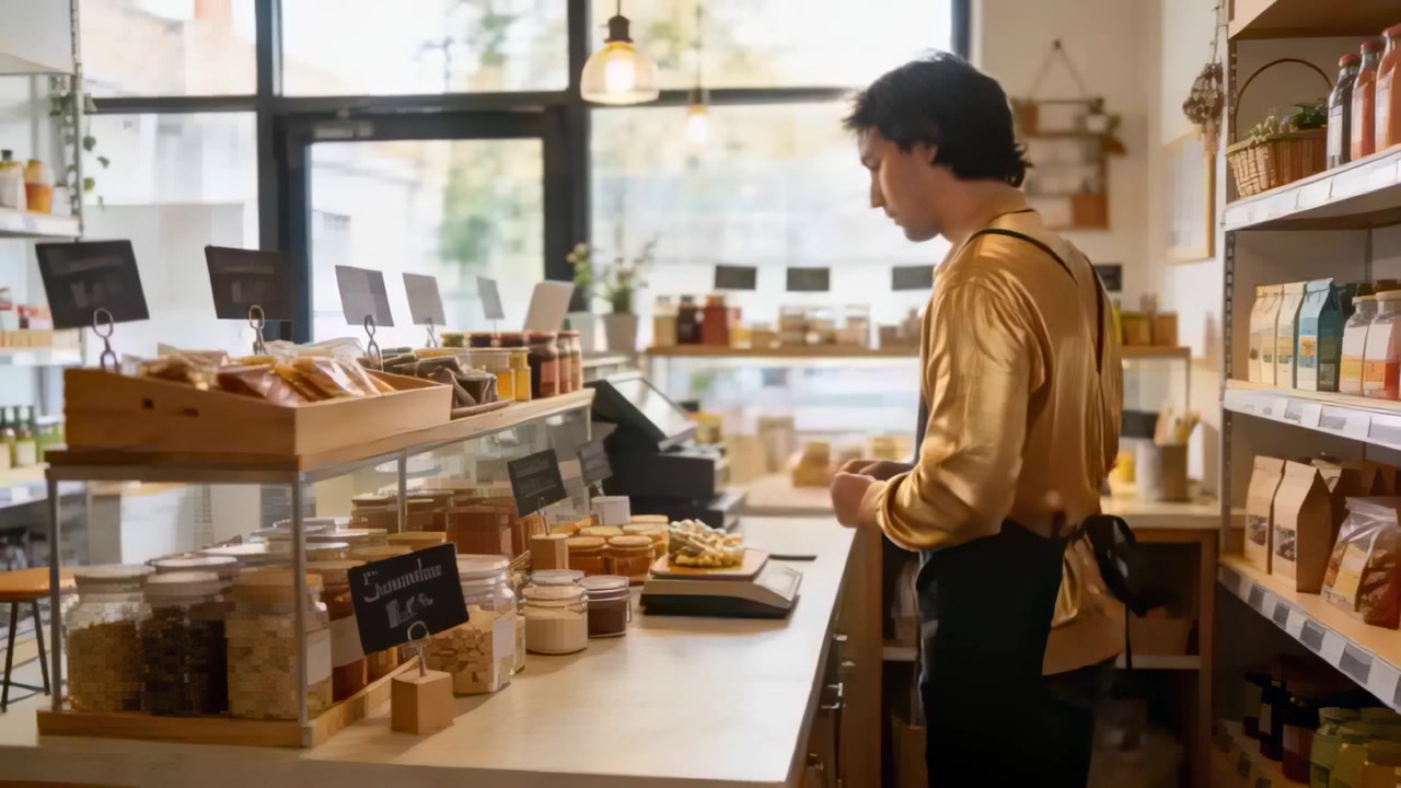Opening shop, clerk in gold shirt weighing jars on scale, operating register at counter, copy space