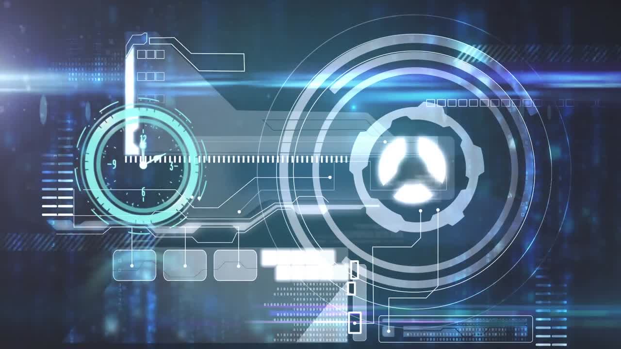 animación de un reloj moviéndose rápidamente con escaneo de alcance y procesamiento de datos en la pantalla