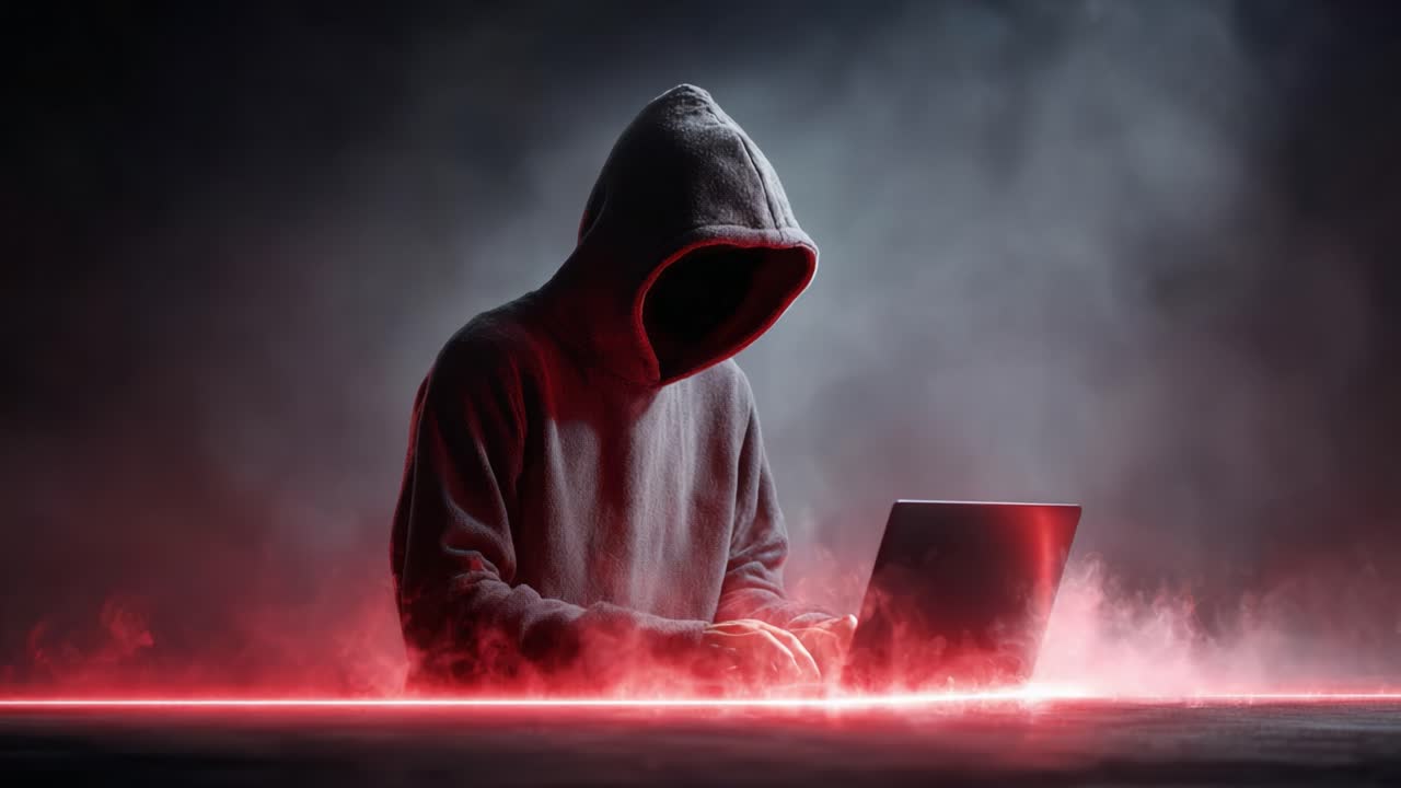 A shadowy figure in a hooded sweatshirt intensely focuses on their laptop, reveling in the mystique of technology and the digital world, shrouded in atmospheric smoke and red light
