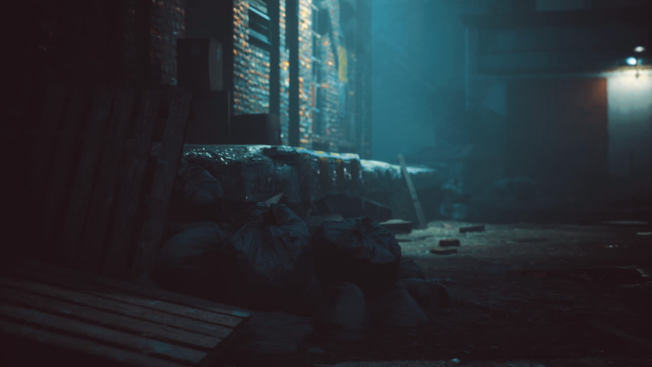 Mysterious alley in an urban setting during a foggy night