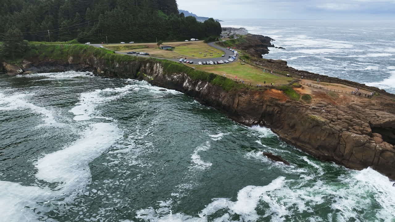 Aerial view around the Boiler Bay State Scenic Viewpoint, cloudy day in Oregon, USA