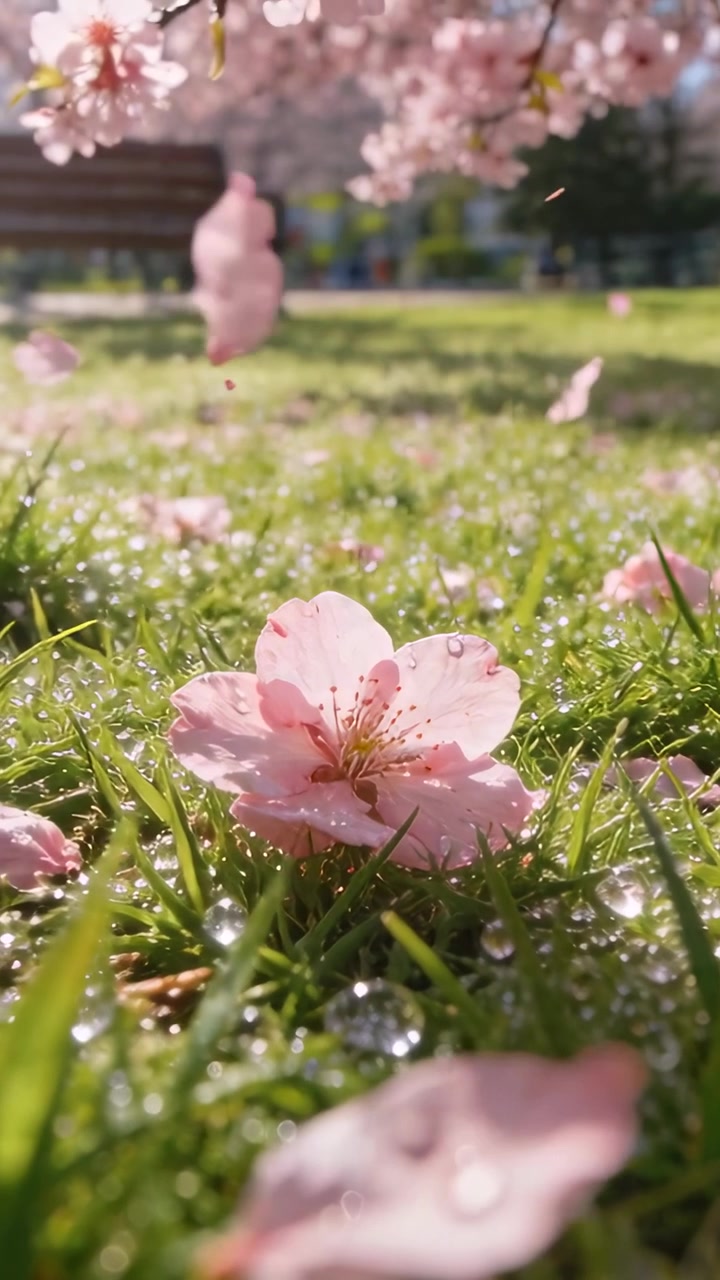 Vertical video: Blowing breeze carrying pink petals from branch to sole cherry blossom on park lawn