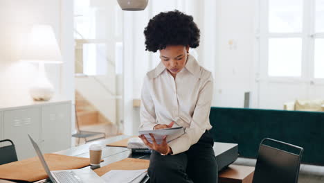 corporate, paperwork and business woman reading