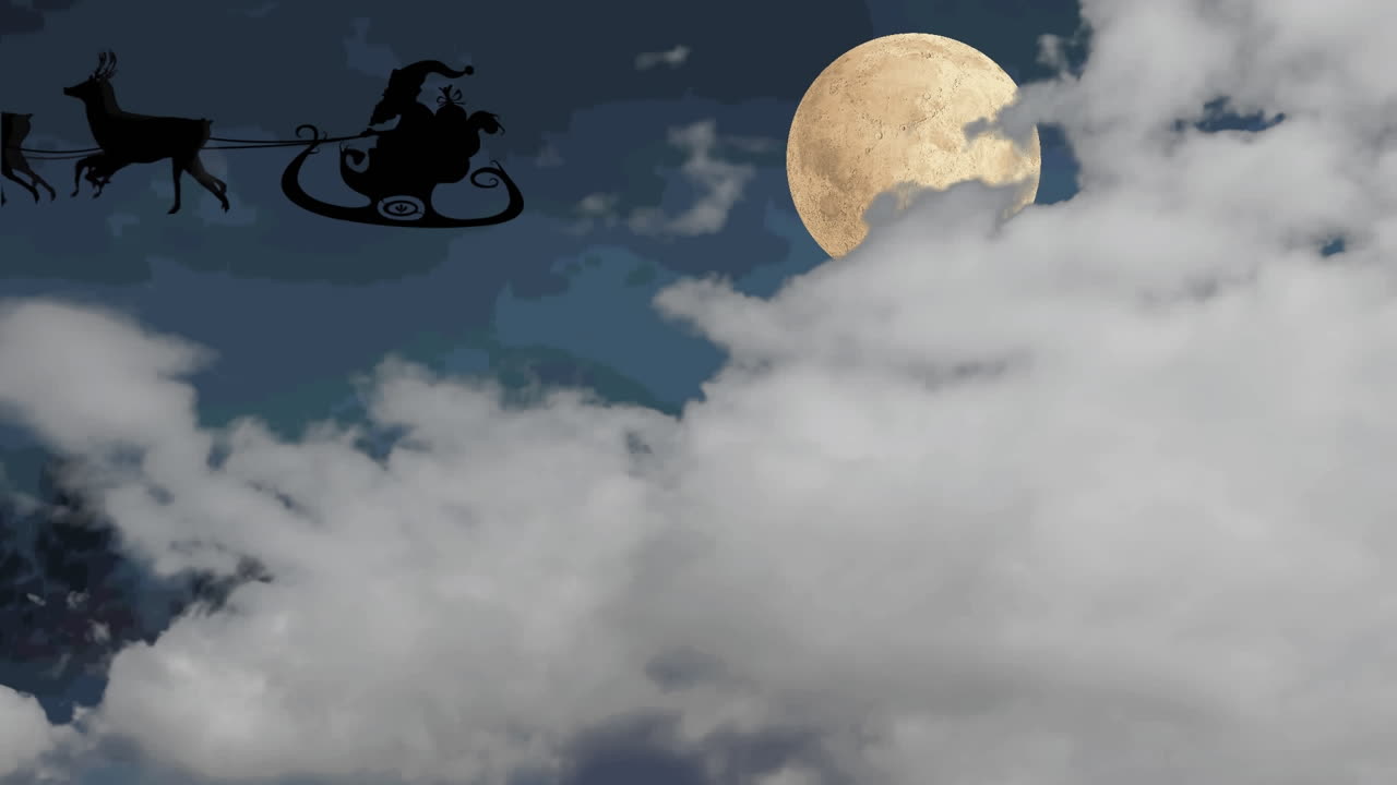 구름 과 달 위 에 렌더 와 함께  ⁇ 매 를 타고 있는 산타클로스 의 애니메이션