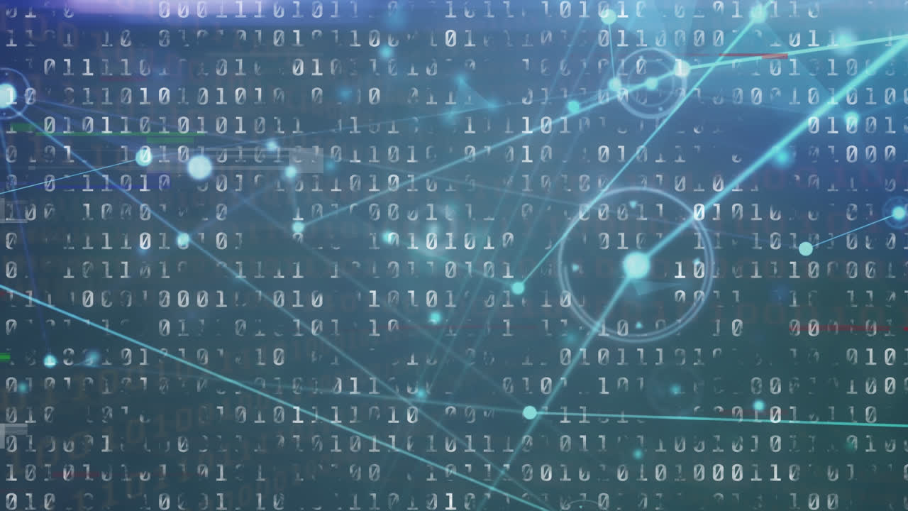 Animation of network of connections with icons over binary coding data processing