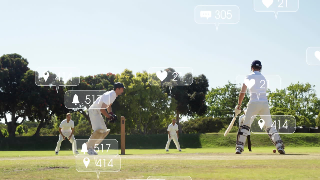 In school, children watching animation of cricket players with social media icons