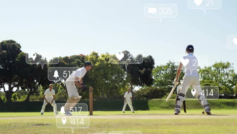 in school, children watching animation of cricket players with social media icons