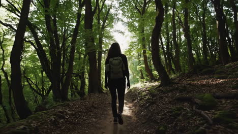 woman hiking through a lush forest