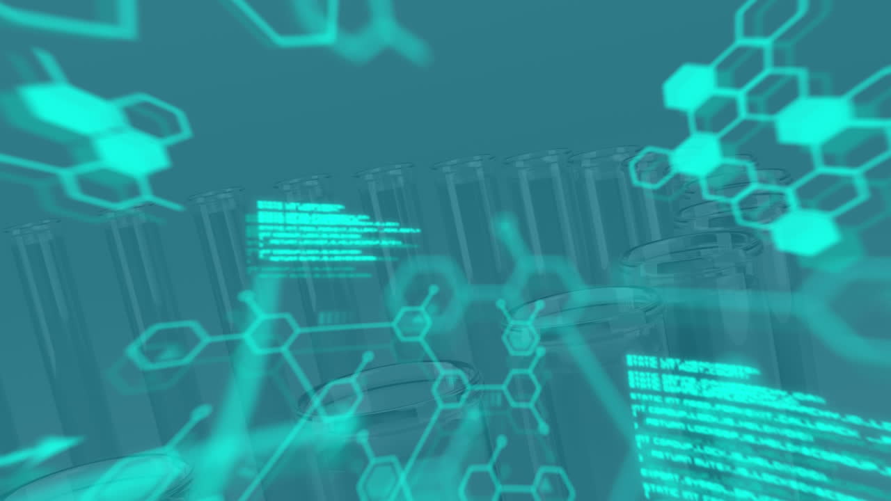 animación del procesamiento de datos y las fórmulas químicas sobre tubos de ensayo sobre fondo azul