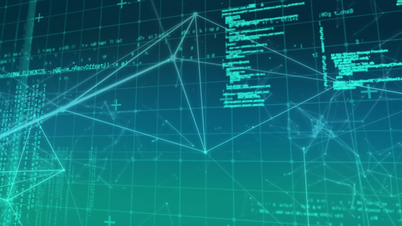 Animation of network of connections with floating geometric figures over grid