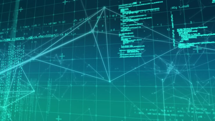 Animation af netværk af forbindelser med flydende geometriske figurer over et gitter