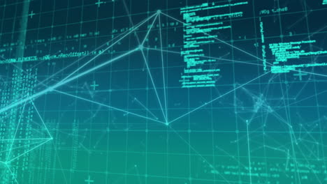 animation of network of connections with floating geometric figures over grid