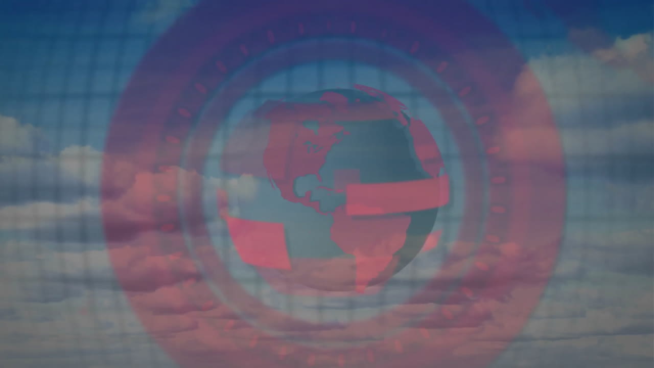 Digital globe and data processing animation over cloudy sky background