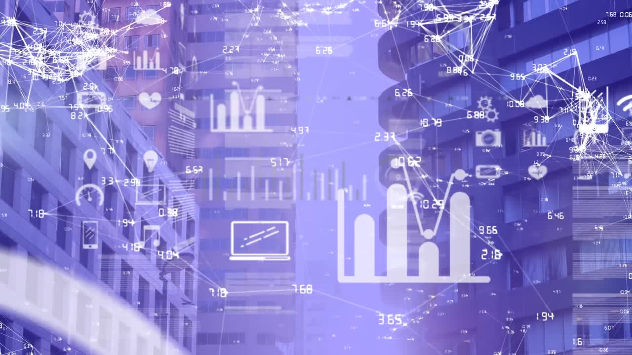 디지털 아이콘의 애니메이션과 도시 풍경 배경에 대한 연결 네트워크