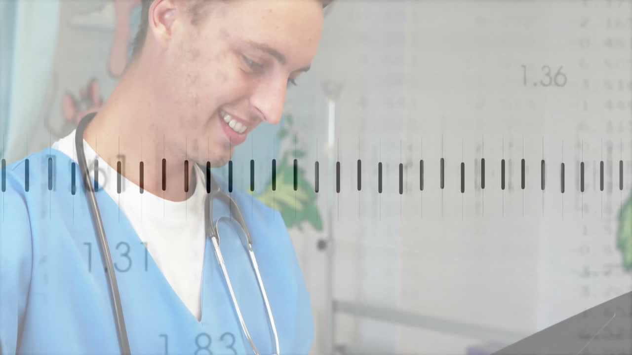 Male doctor using stethoscope viewing monitor in hospital, interpreting health data graphs floating