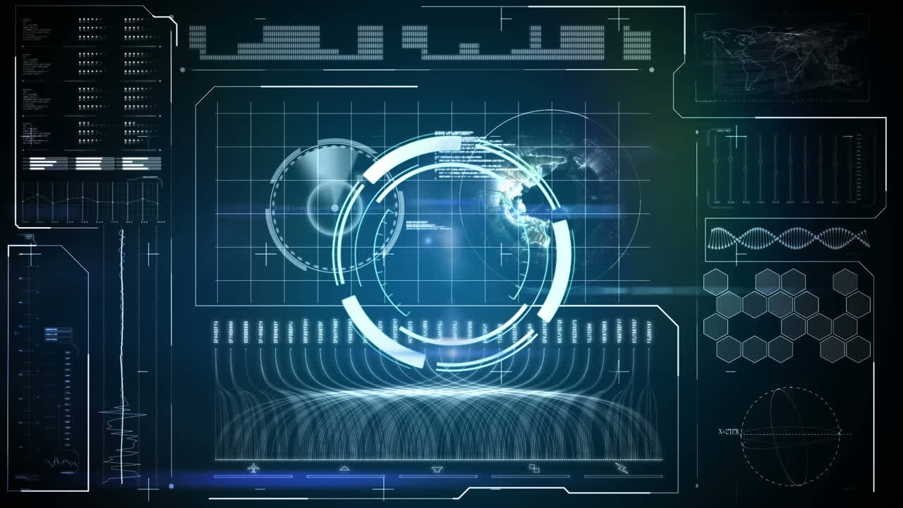 Animation of scope scanning over data processing on black background