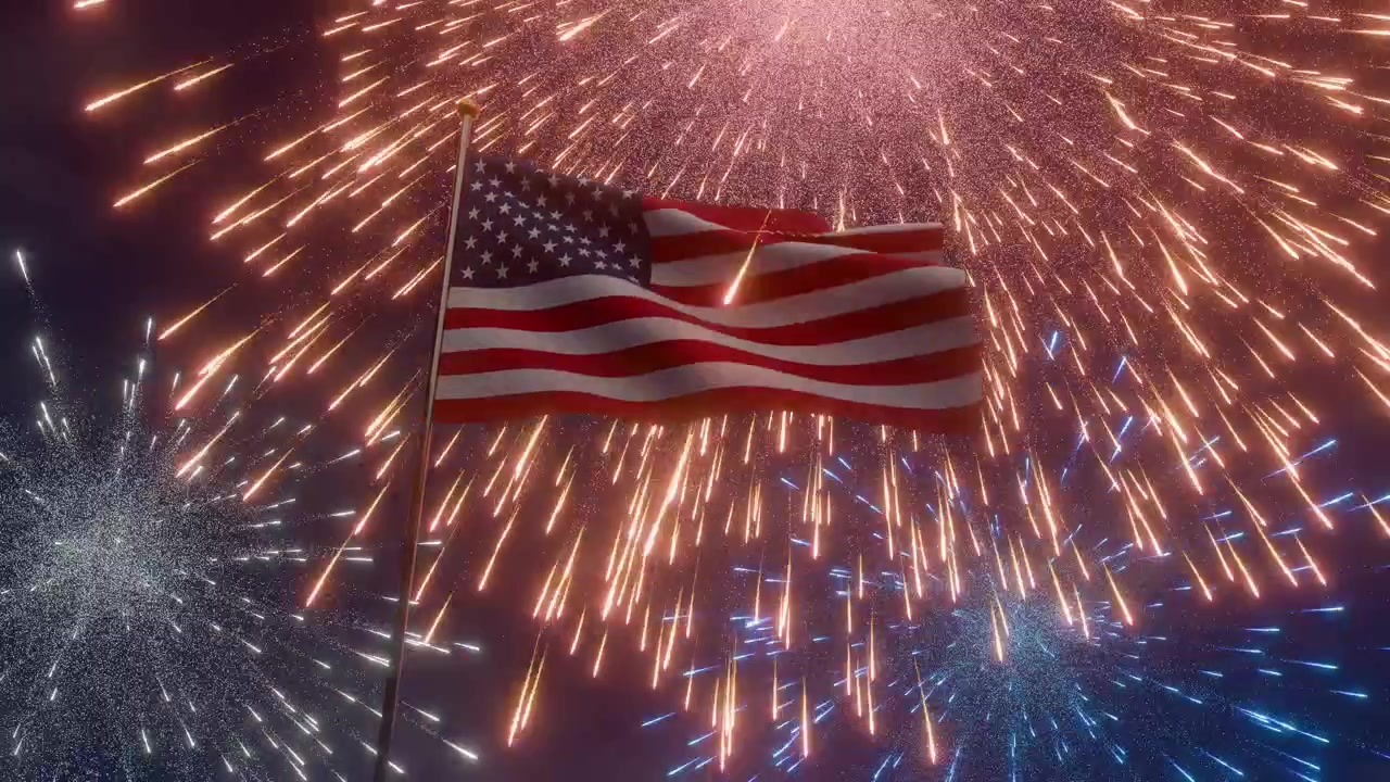 New Year Celebrating At American United States With Flag And Fireworks