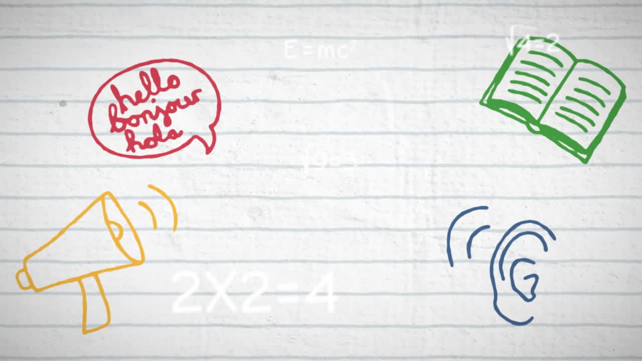 animación de coloridos iconos escolares y dibujos matemáticos sobre líneas