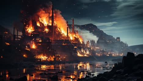 industrial complex engulfed in flames at night near a reflective water body
