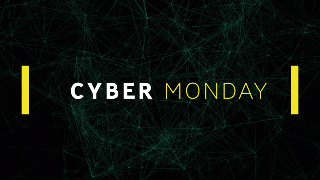 Animation af teksten "Cyber Monday Sale" over netværk af forbindelser.