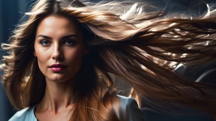 Una donna con i lunghi capelli castani che soffia nel vento