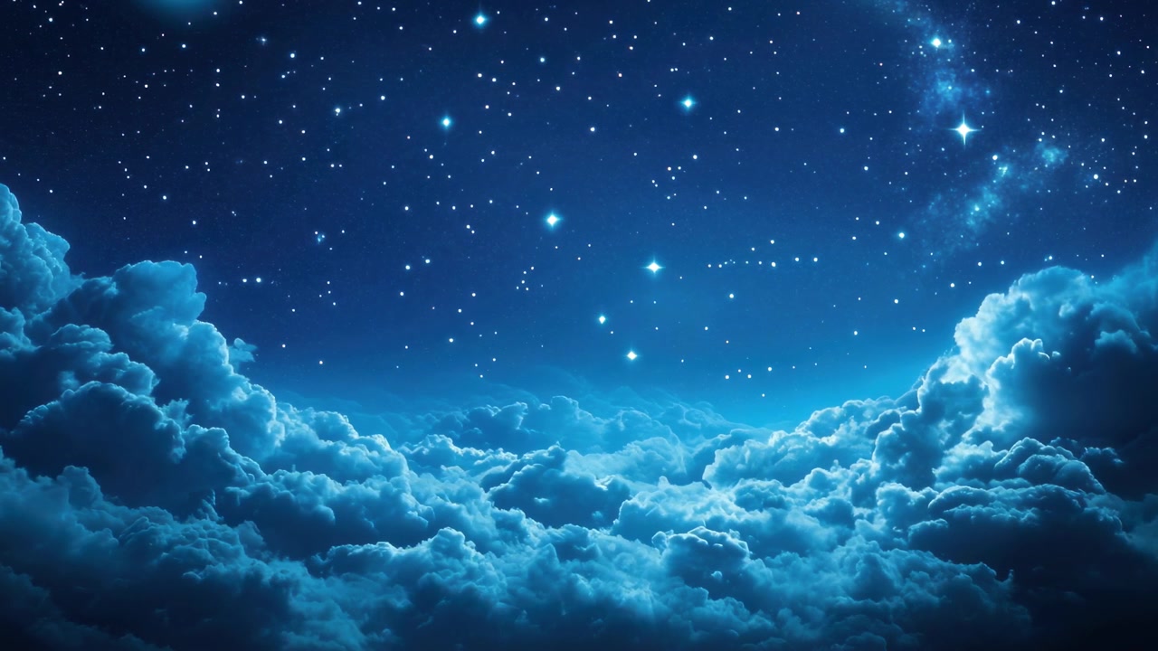 Celestial Night Sky Above Fluffy Blue Clouds