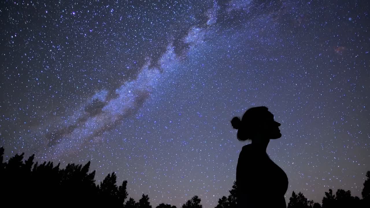 A mesmerizing video of a silhouetted figure gazing at a star-filled sky, capturing the wonder