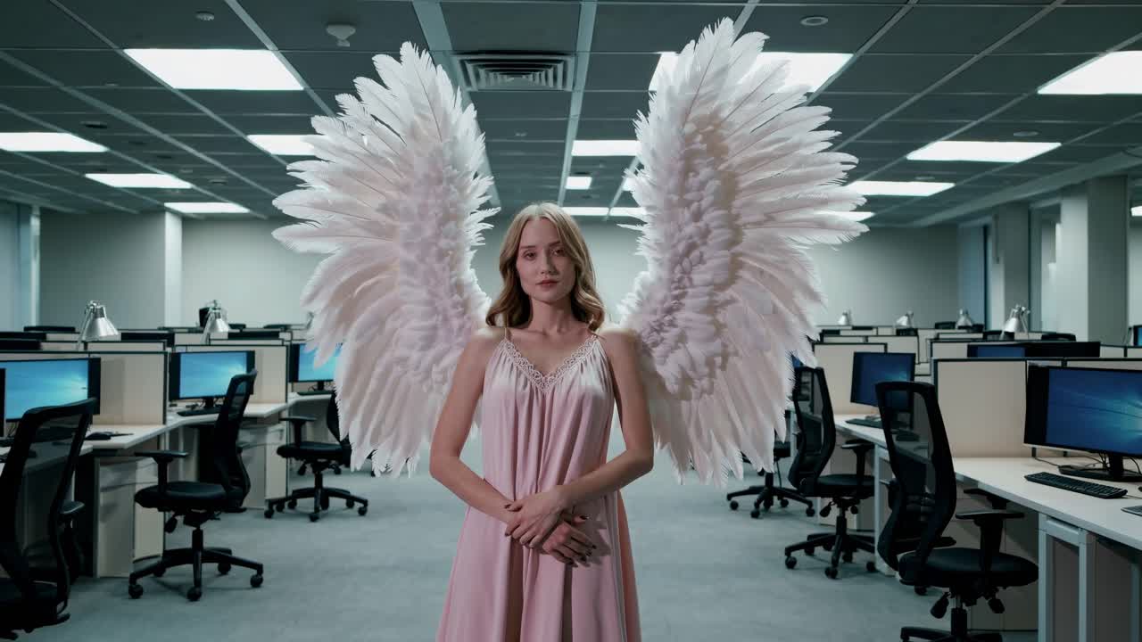 Young woman with large white angel wings stands serenely in the center of a modern office, embodying purity, hope, and spiritual presence in a corporate setting