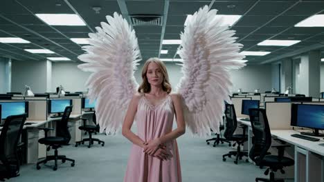 young woman with large white angel wings stands serenely in the center of a modern office, embodying purity, hope, and spiritual presence in a corporate setting