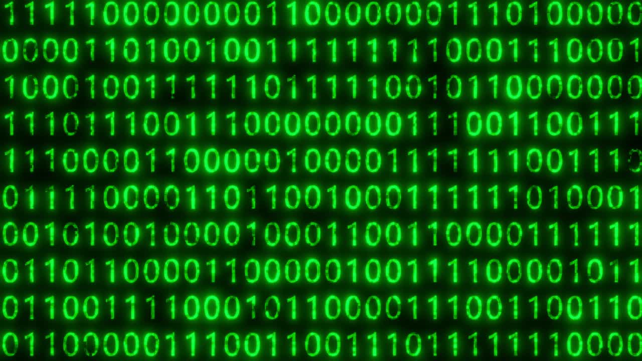 Abstract green binary code on black. Changing program code from zero and one. Futuristic cyberspace, binary data, streaming code matrix background. Digital encryption, software coding and programming.