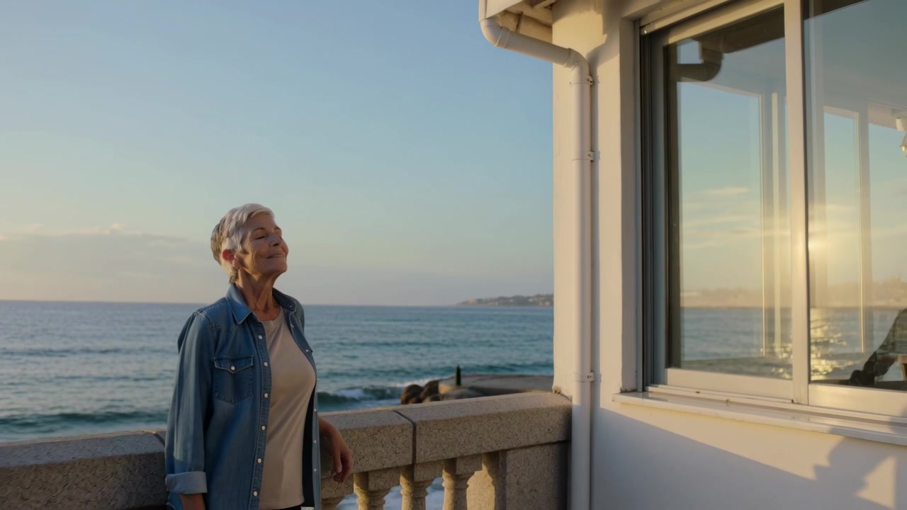 Vedendo il bagliore della finestra, un'anziana donna in denim si muove verso la ringhiera su un balcone sul mare, chiudendo gli occhi verso il sole.