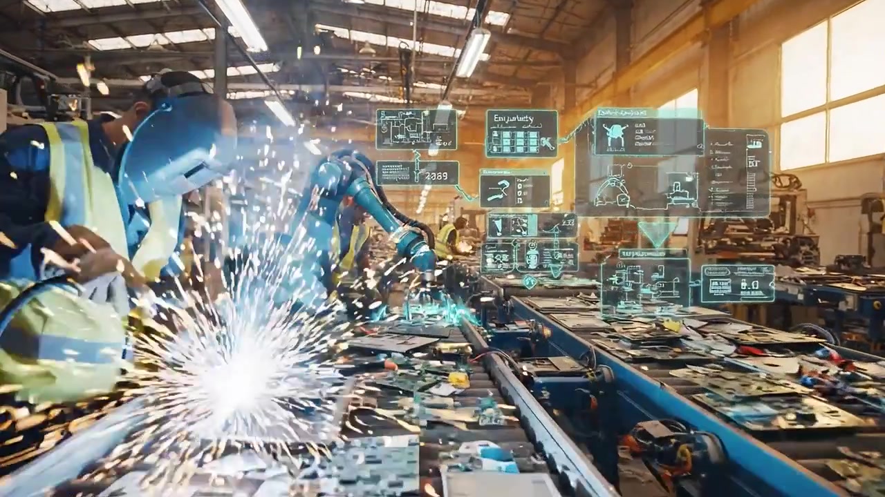 Industrial Worker and Robotic Arm Welding E-Waste on Conveyor Belt with Augmented Reality