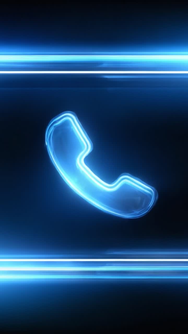 Icona di telefono blu luminosa in formato digitale futuristico su sfondo scuro, che evidenzia comunicazione e connettività nella tecnologia moderna.