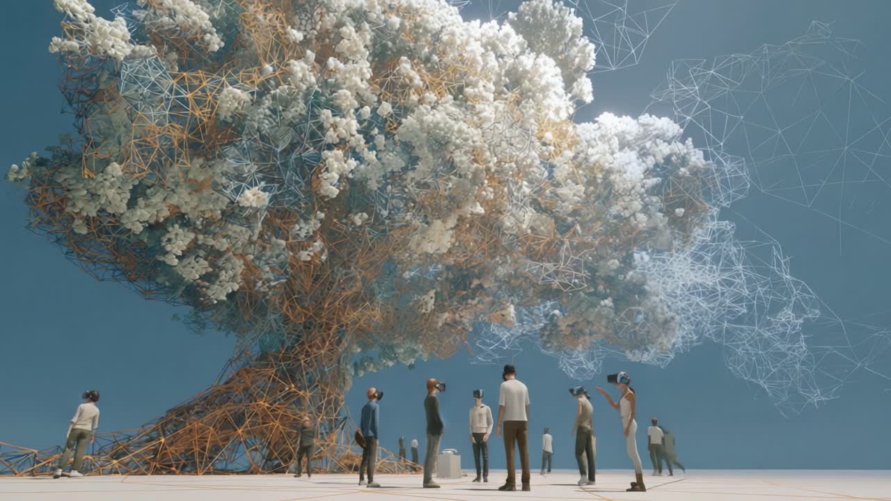 A Stunning Digital Art Piece Showcasing a Lush and Complex Tree Structure Surrounded by People in a Futuristic Landscape, Highlighting Nature's Beauty with an Artistic Approach to Form and Tech Integration