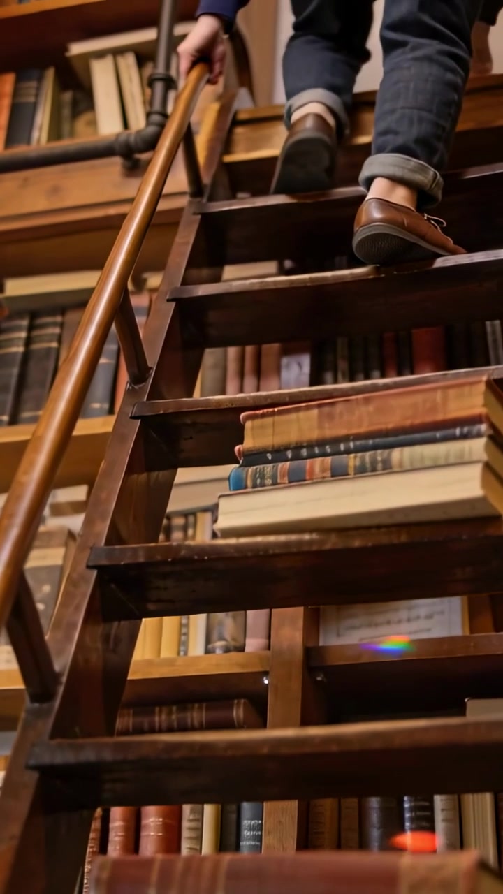 Vertical video: Climbing male patron reaching books on library ladder holding rail in cuffed jeans