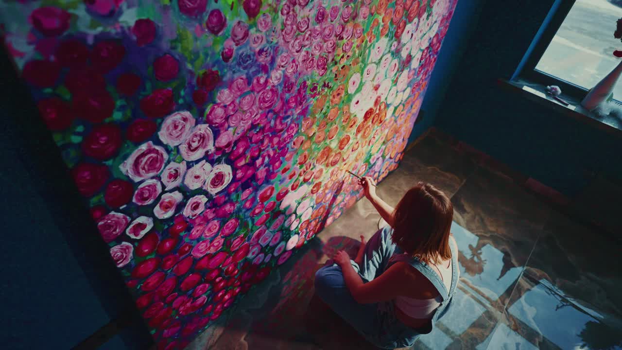 Pittrice che dipinge una grande tela floreale colorata sul pavimento.