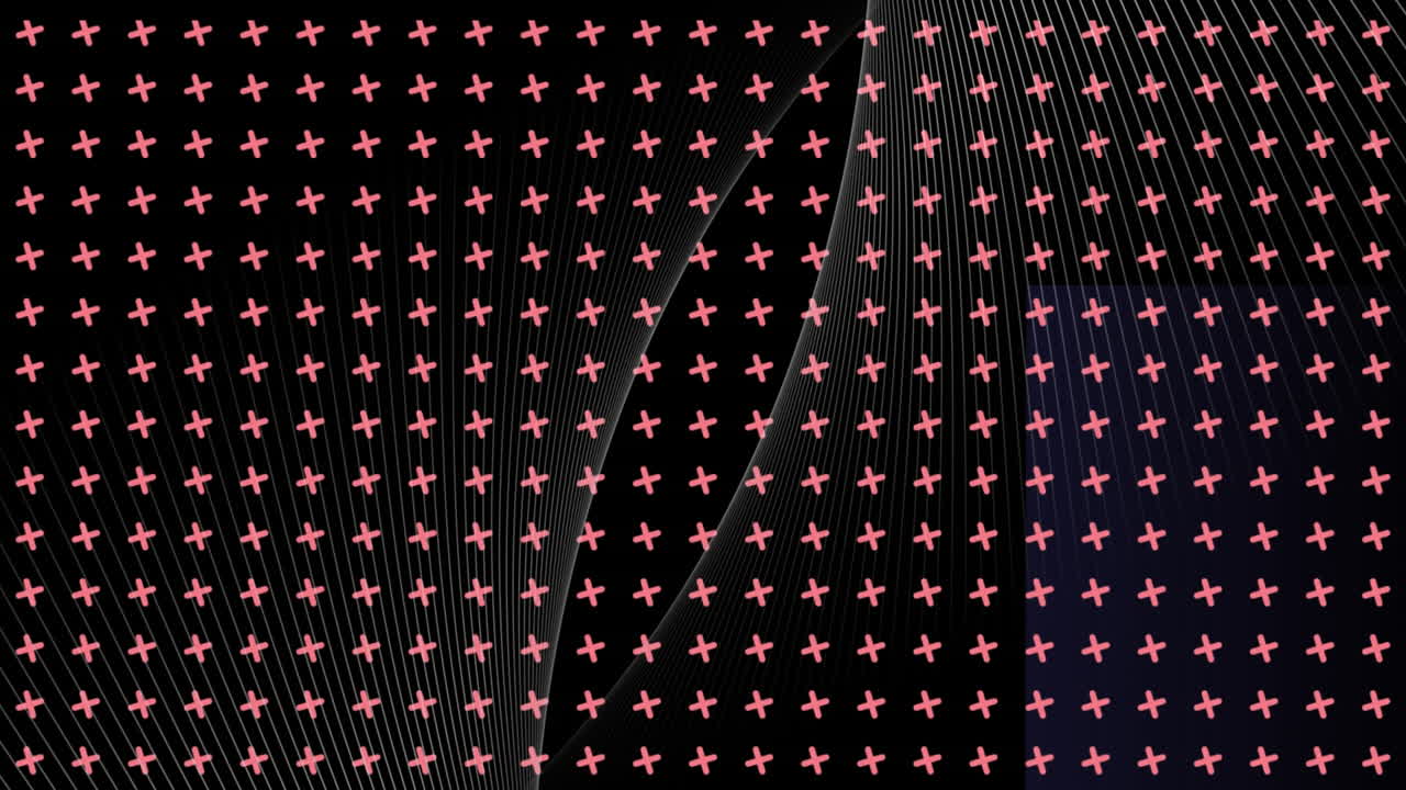 검은색 배경에 핑크색 십자가를 돌리는 격자 위에 교차하는 색 곡선의 애니메이션