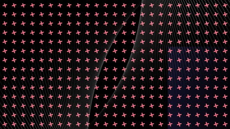animación de líneas curvas blancas que se cruzan sobre una cuadrícula de cruces rosadas giratorias sobre un fondo negro