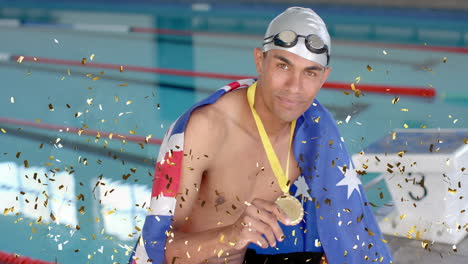 animation of confetti over biracial male swimmer holding medal with flag of australia