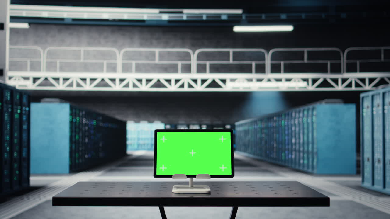 Tablet con schermo verde in un data center utilizzato per la manutenzione dell'infrastruttura