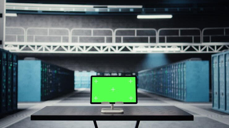 Tablet con schermo verde in un data center utilizzato per la manutenzione dell'infrastruttura