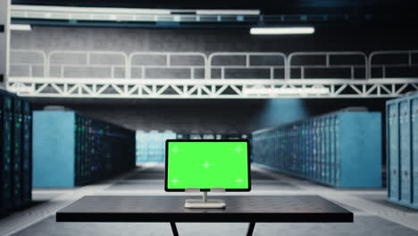 Green screen tablet in data center used for doing maintenance on infrastructure