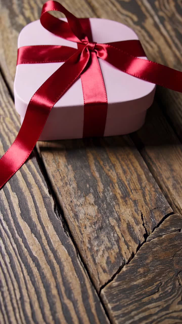 Pink Gift Box with Red Ribbon on Wooden Table