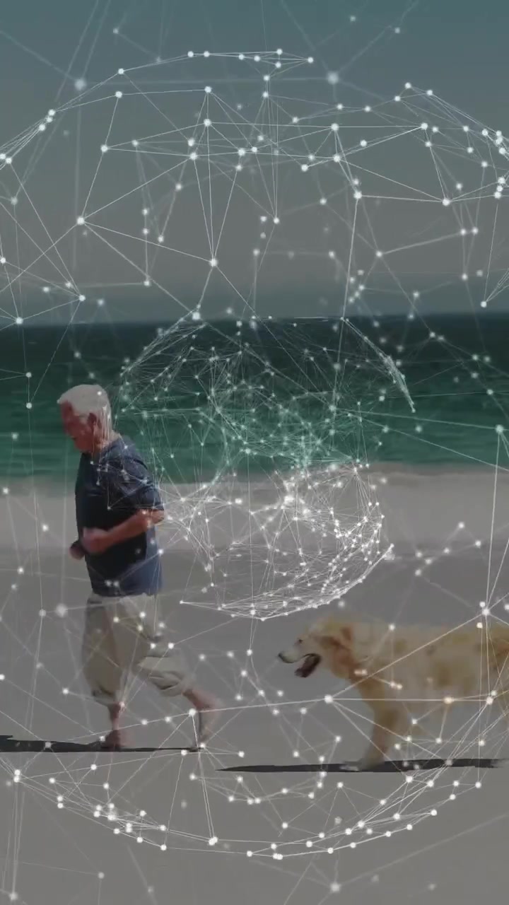 Vertical video: Entering frame senior man walking shore dog on leash, tech sphere rotating over man