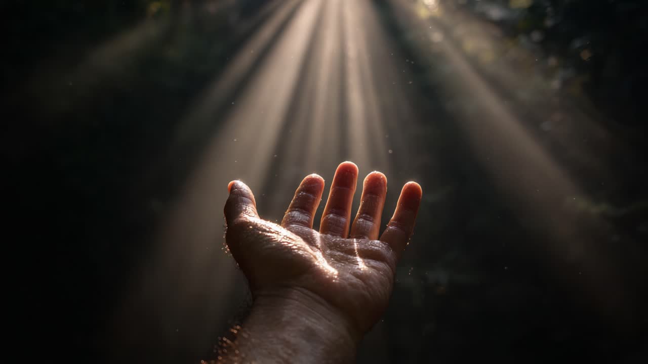 A Hand Reaching Outwards to Embrace the Light: Capturing a Moment of Hope and Connection in Nature's Embrace with Radiant Sunbeams in a Dark Environment