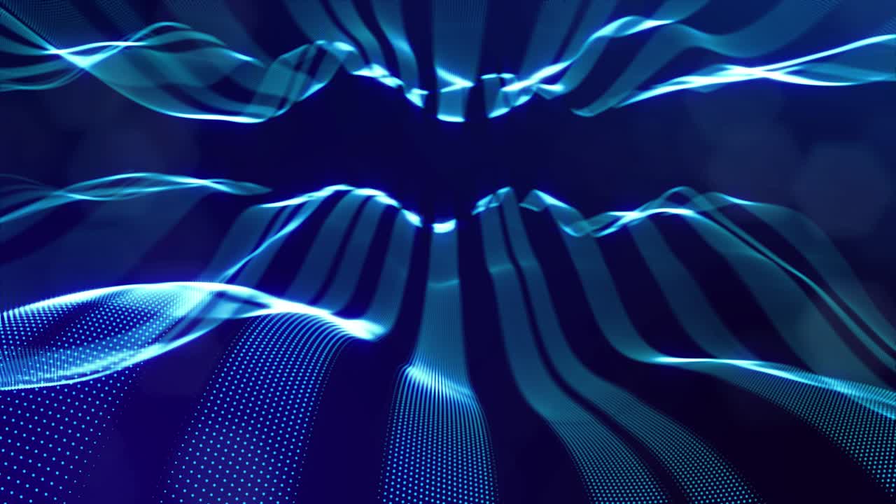 blue high tech bg with glow particles form complex stripe structure. 3d looped sci-fi bg digital space, particles form lines and surface waves. Concept of hi-tech information flow, blockchain. DOF