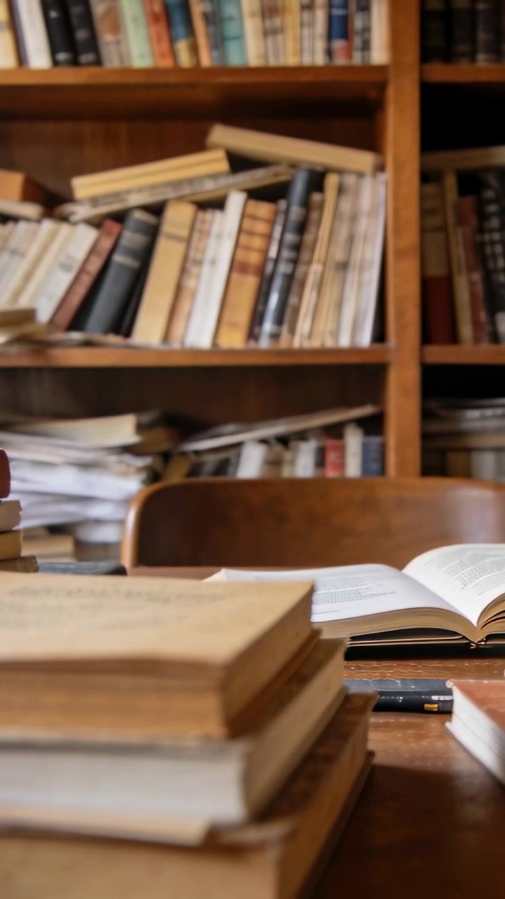 Camera pulling back, book stack staying still, revealing open book, pen, bookshelf for education