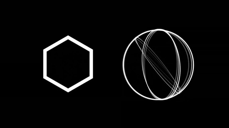 Digital animation of abstract hexagonal and circular shape against black background