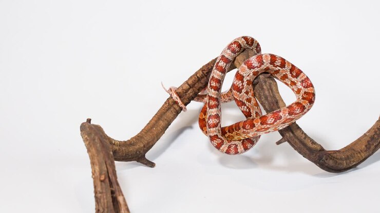Red corn snake slowly coils around dry branch against clean white studio background, minimal movement